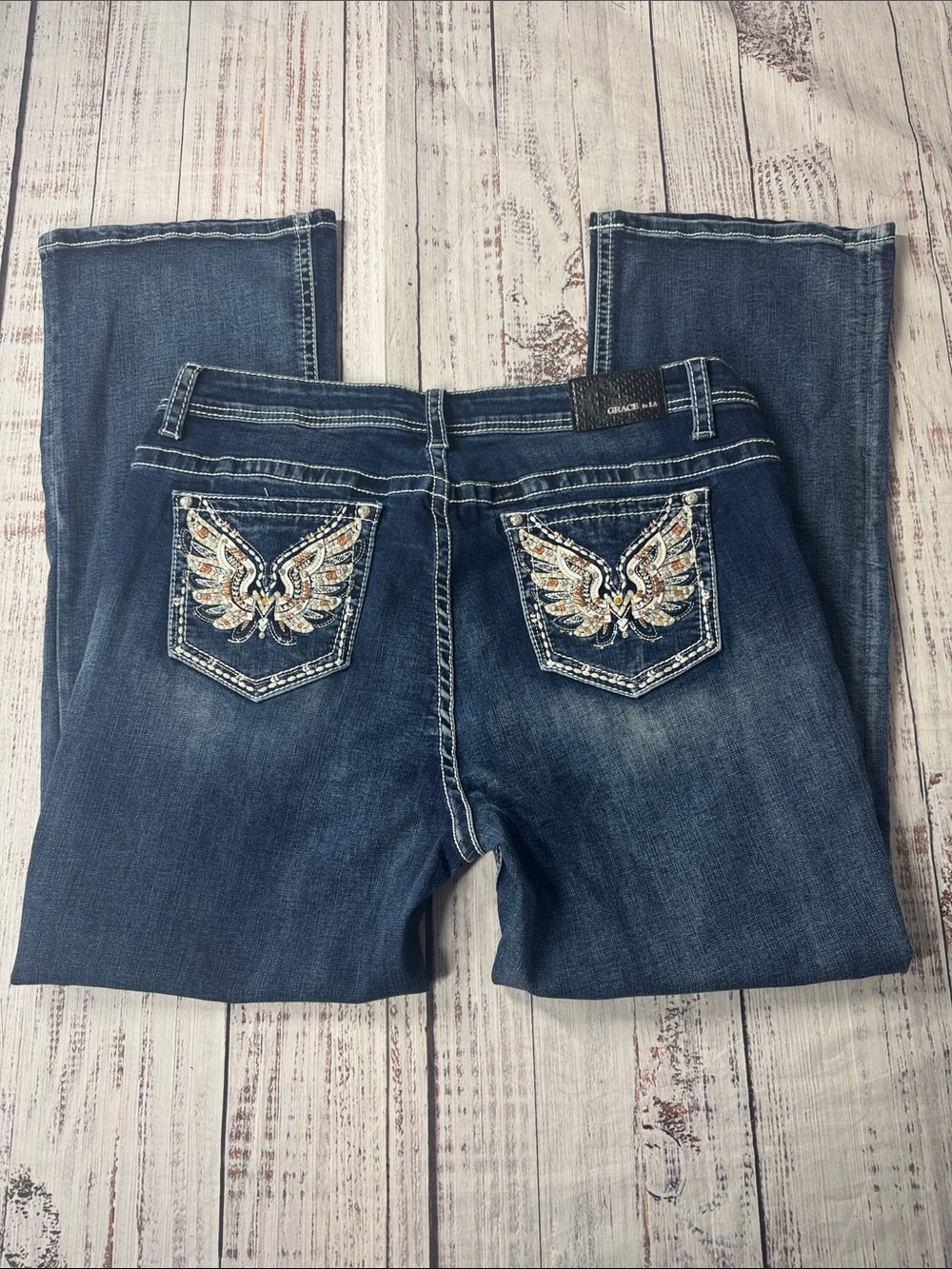 GRACE IN LA JEANS P BOOTCUT EMBELLISHED BUTTERFLY POCKET WOMEN'S SIZE 18 STRETCH